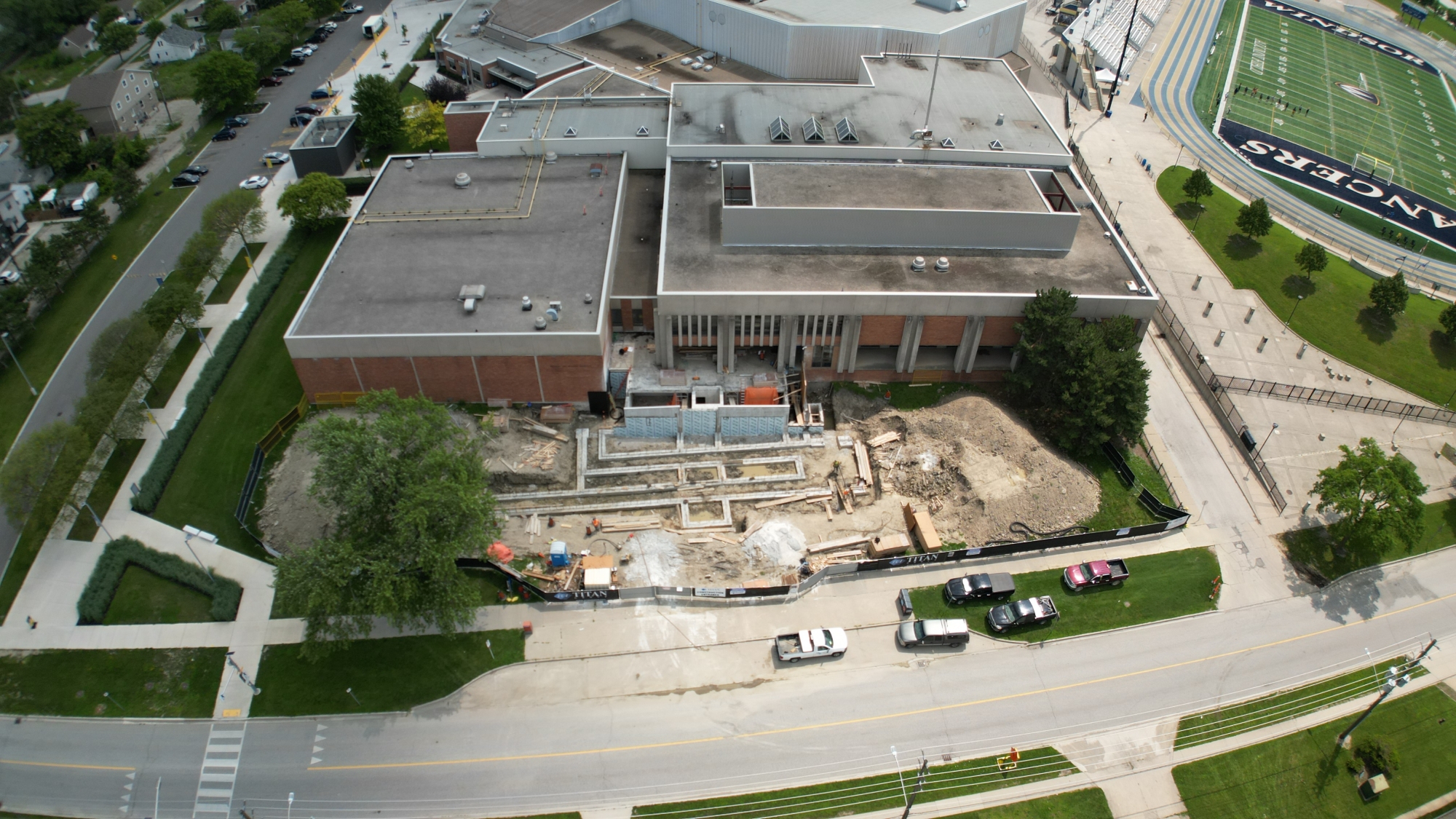 Aerial of construction progress on Human Kinetics accessible entrance.