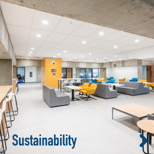 student lounge with caption sustainability