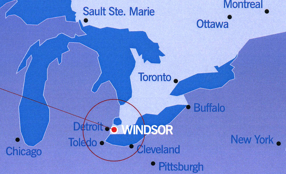 Windsor's location in relation to other Ontario cities.