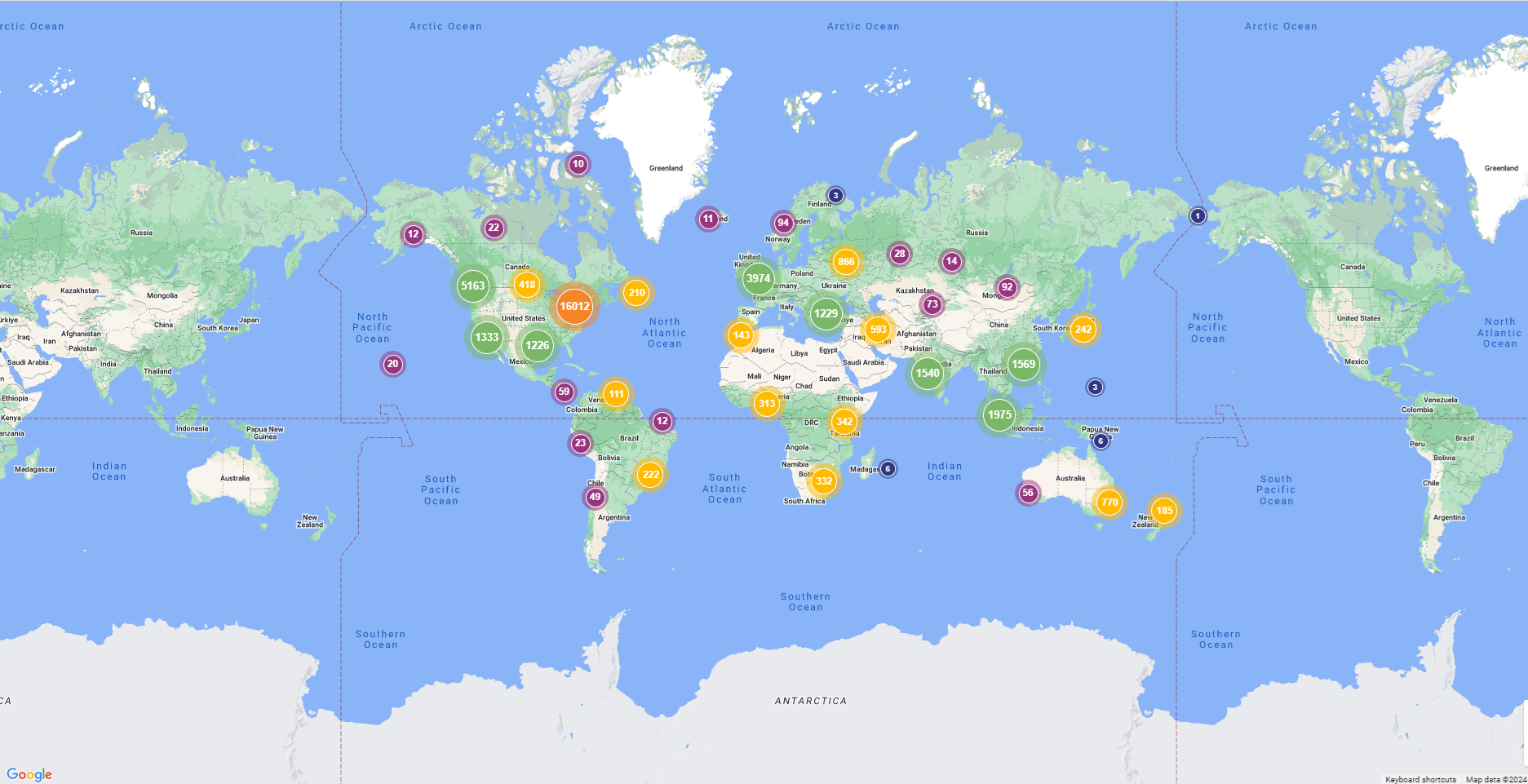 Map indicating location of over 40 thousand downloads all over the world