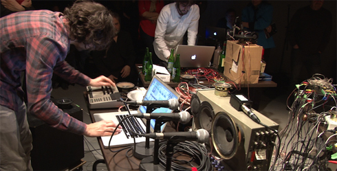 Max Stein, Julian Stein, and Adam Basanta with mechanical sound devices 