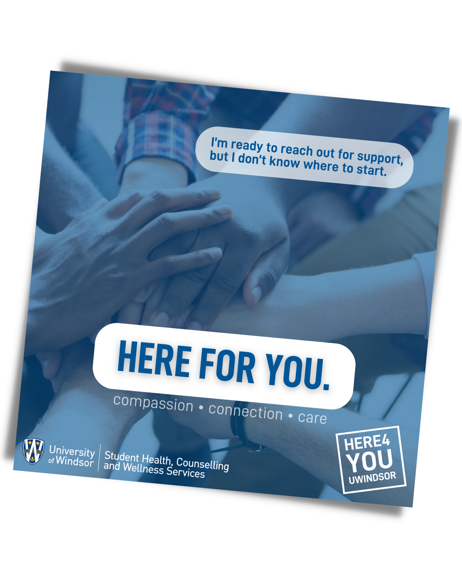 Mental health resource handout with the words "Reaching out for support is always strong and resilient."