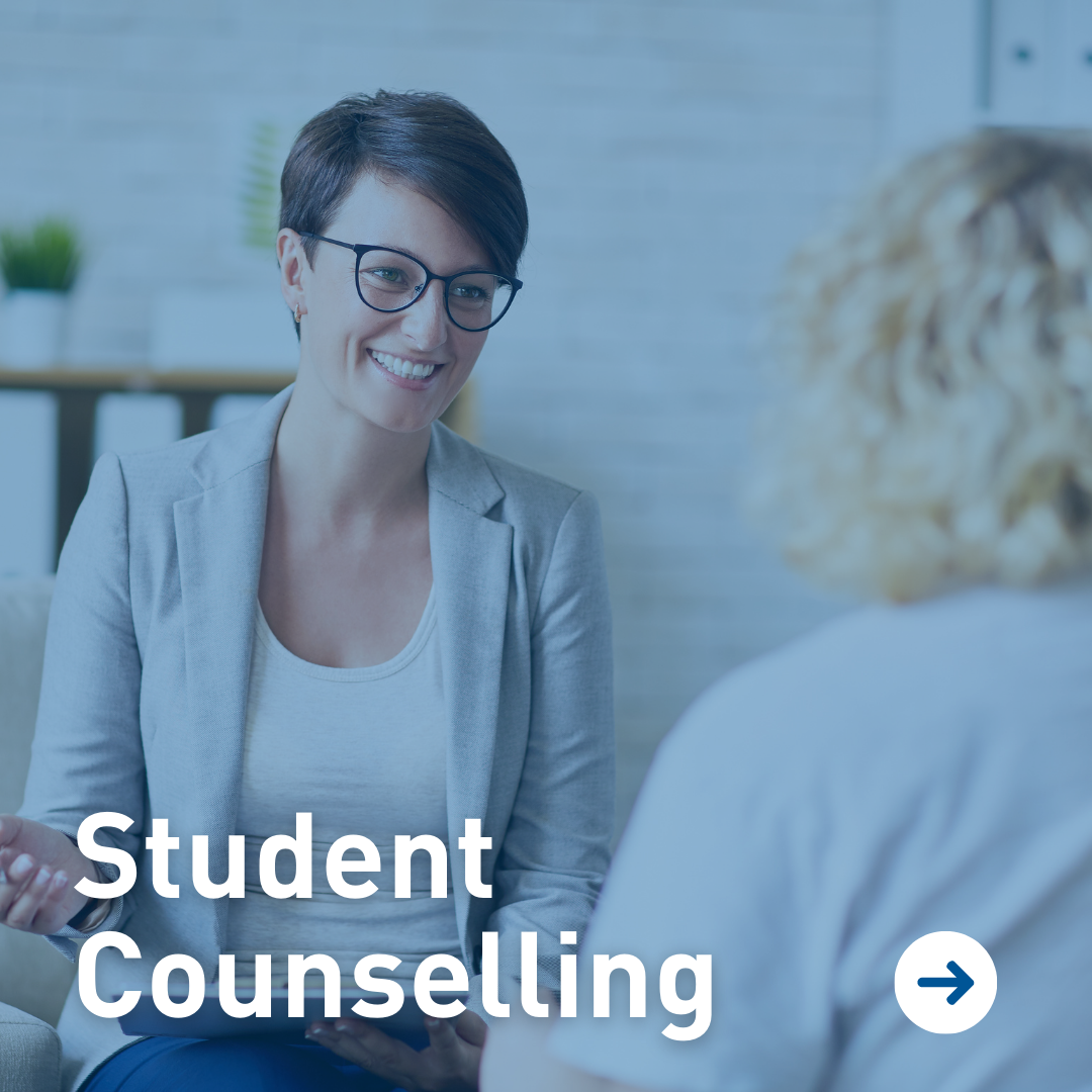 An image of a counsellor helping a student with the text "Student Counselling" written on top of the image.