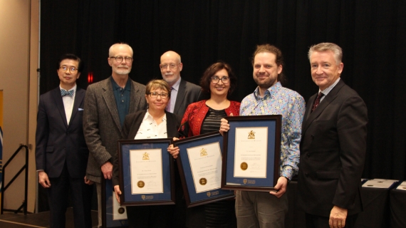 The University of Windsor received the Lieutenant Governor’s Ontario Heritage Award for Excellence in Conservation, Feb. 22 at Queen’s Park. From left: Robert Balicsak, principal at Colliers Project Leaders; Lieutenant Governor Elizabeth Dowdeswell; architect Craig Goodman; Harvey McCue, chair of the Ontario Heritage Trust; and John Coleman, UWindsor director of public affairs and communications. Photo by Ian Crysler.