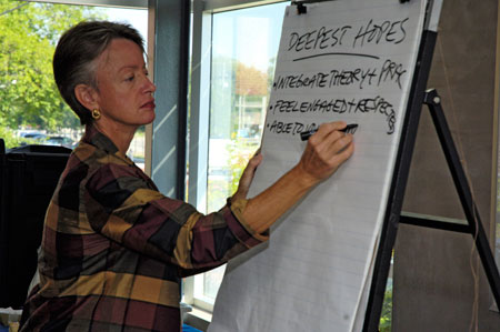 Virginia Lee writing responses from workshop attendees onto board