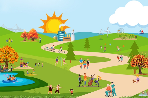 cartoon of people being active outdoors