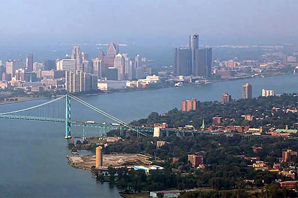 aerial view of Windsor and Detroit