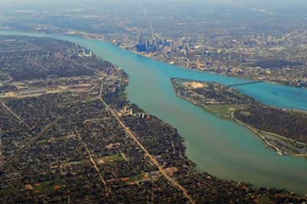 Detroit River with Windsor and Detroit either side