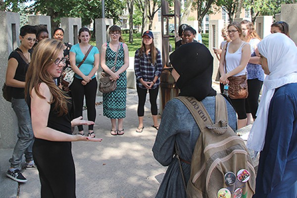 Dusty Johnstone addresses group of students