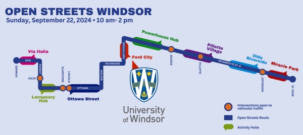 map of Open Streets route showing university hub in Ford City