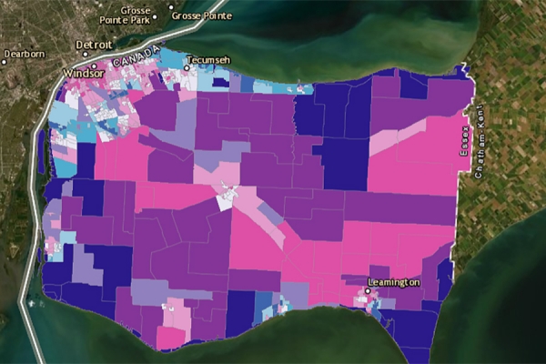 map of Essex County with colours indicating risk of flood hazards