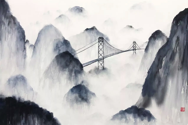 mountains with bridge spanning