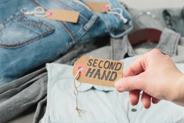 stack of jeans labelled second hand