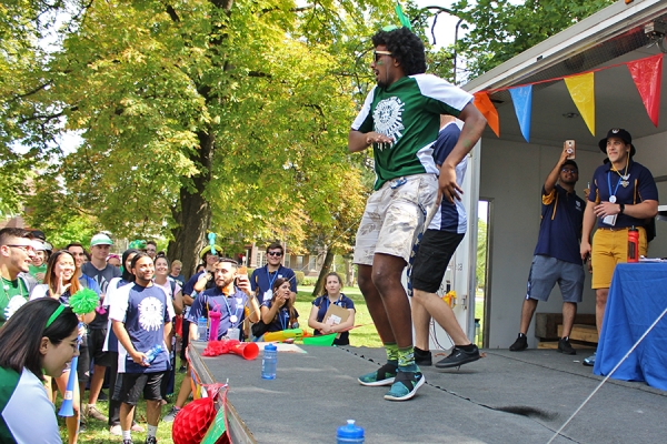 Photo of students dancing at welcome week events.