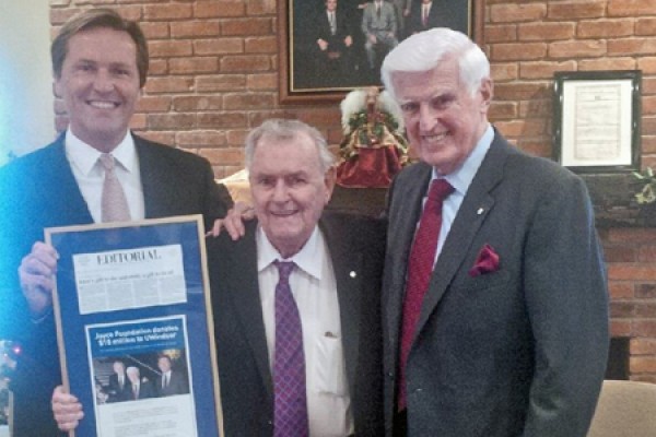 Grant Joyce, trustee for the Joyce Foundation, Ron Joyce and UWindsor chancellor Ed Lumley