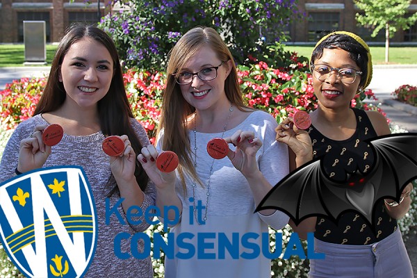 Shelby Lacey, Dusty Johnstone, Mercy Anuruegbe holding up buttons