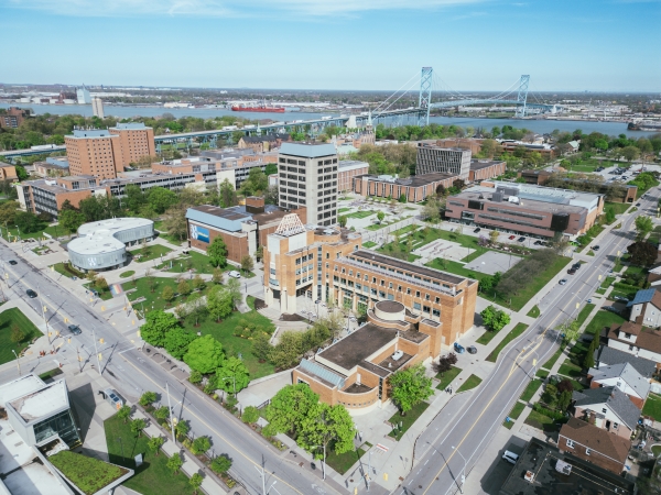 Aerial photo of the University of Windsor campus.