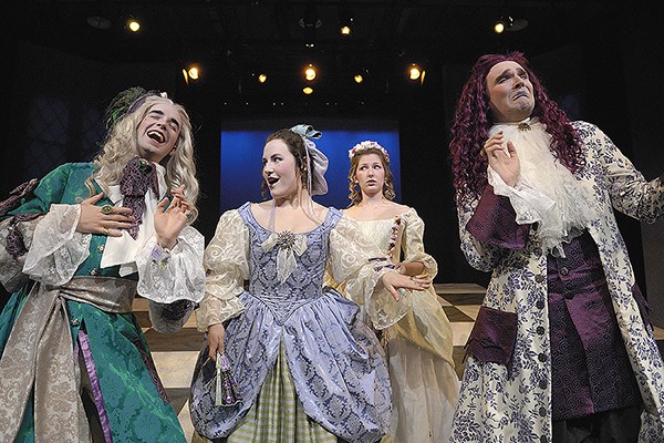 Brendan Kinnon as Mr. Brisk, Robin Luckwaldt Ross as Lady Froth, Marina Gomes as Cynthia and Ryan Iwanicki as Lord Froth in the University Players production of The Double Dealer.