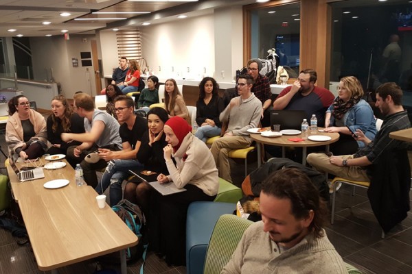 Political science students and faculty gathered Monday in the Hub Café to watch federal election returns.