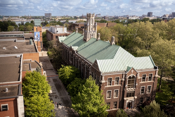 aerial view of campus centred on Dillon Hall