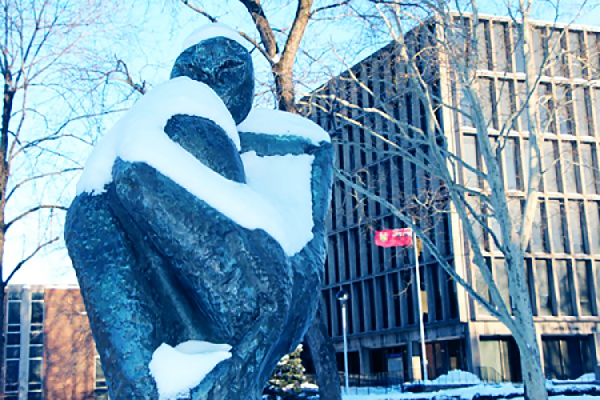 Campus sculpture covered in snow.