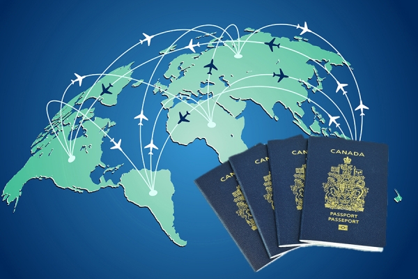 Canadian passports atop world map