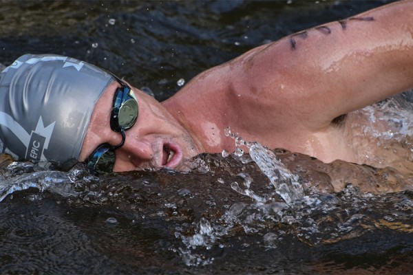 Biology professor Dennis Higgs doing front crawl