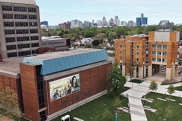 Overhead photo of campus buildings