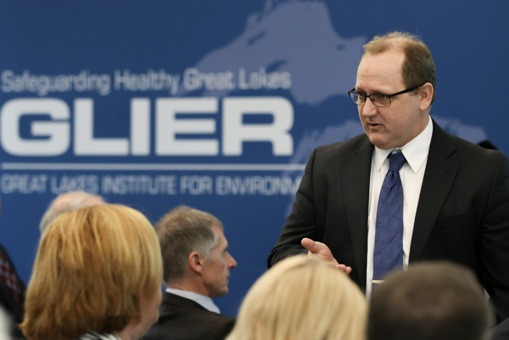 Brad Cardinale, Director of the Cooperative Institute for Great Lakes Research at the University of Michigan, speaks during the launch of the Real-time Aquatic Ecosystem Observation Network on Friday, March 16, 2018.