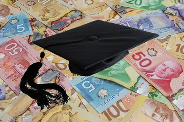 pile of money with mortarboard on top