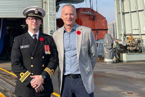 HMCS Hunter commander Chris Elliott and dean of engineering Bill Van Heyst