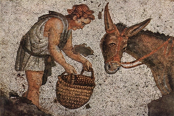 Roman era mosaic of man feeding donkey