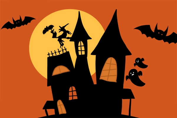 cartoon haunted house with ghouls and bats