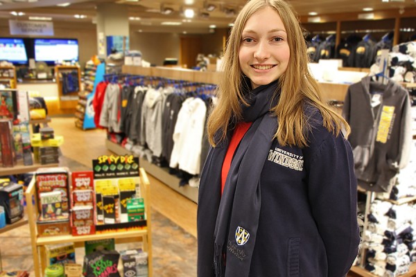 Natalie Powney models a UWindsor cardigan and pashmina from the bookstore.