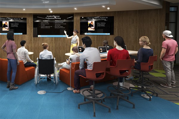 A wall of electronic screens will front a presentation space in the student research Collaboratory in the Leddy Library.