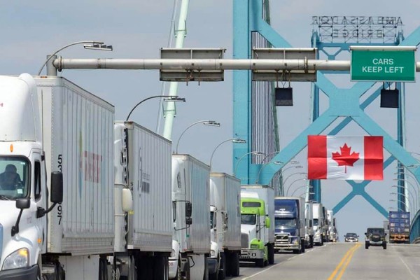 Trucks carrying goods across Ambassador Bridge