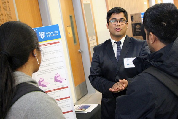 Triyambak Tripathy describes his co-op work experience with automotive parts supplier the Narmco Group to junior students, Thursday in the Centre for Engineering Innovation.