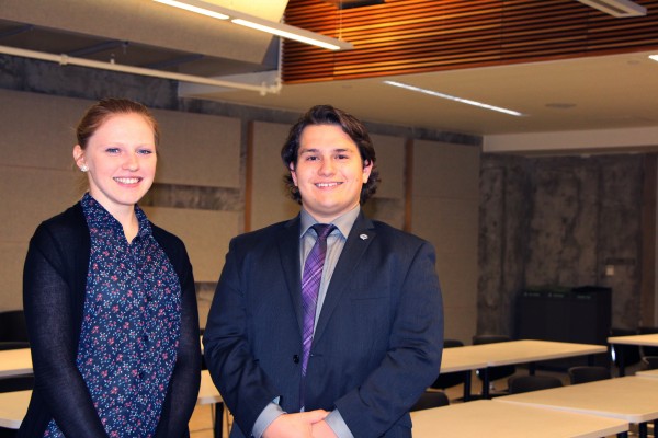 Mechanical engineering students Spencer West (r.) and Celena Lazzarin (l.) and their team of Matthew Brisson, Evan Freeman-Gibb, and Michael Keegan showcased their acoustically improved room a part of their Capstone presentation, July 31.