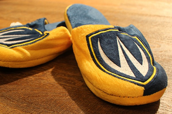 slippers, blue and gold with Lancer shield