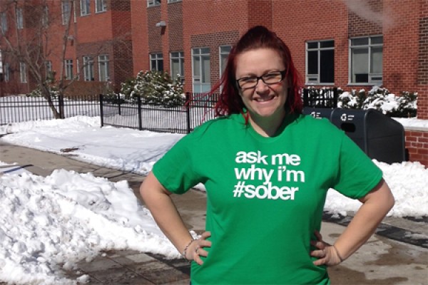 Jacqueline Mellish sporting &quot;I Clover Sober&quot; T-shirt.