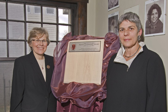 Dr. Kathleen McCrone and Dr. Janice Drakich, Director with commemorative Mary Lou Dietz Leadership in Equity Award plaque