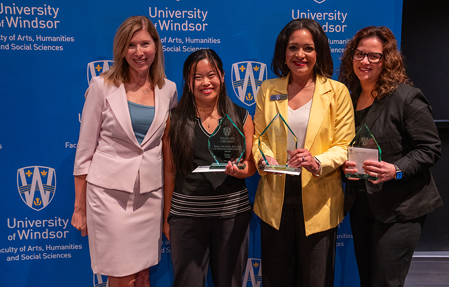 Equity, Diversity, Inclusion, and Decolonization Champion Award, presented by Dean Cheryl Collier to Dr. Frankie Cachon, Camille Armour, and Angela Wang.