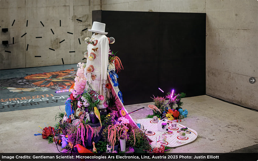 Image of "Gentleman Scientist" costume with colourful Bioart creations decorating it