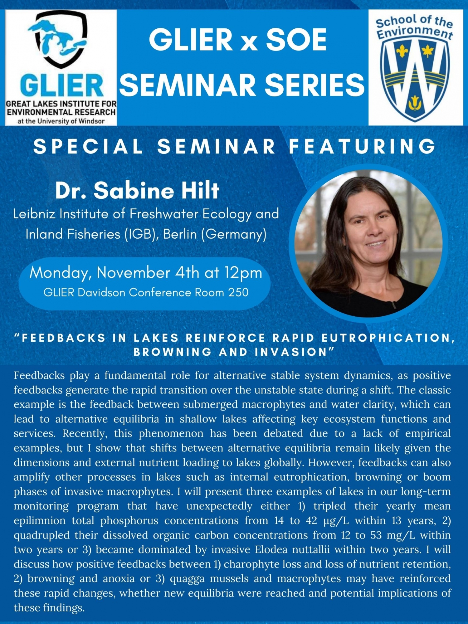 Poster for seminar by Dr. Sabine Hilt at GLIER