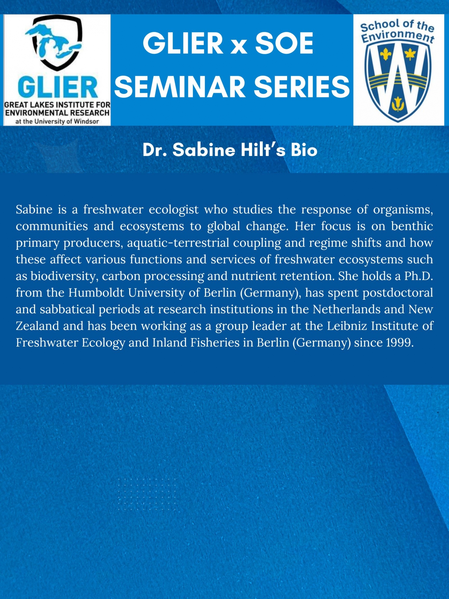 Poster for seminar by Dr. Sabine Hilt at GLIER