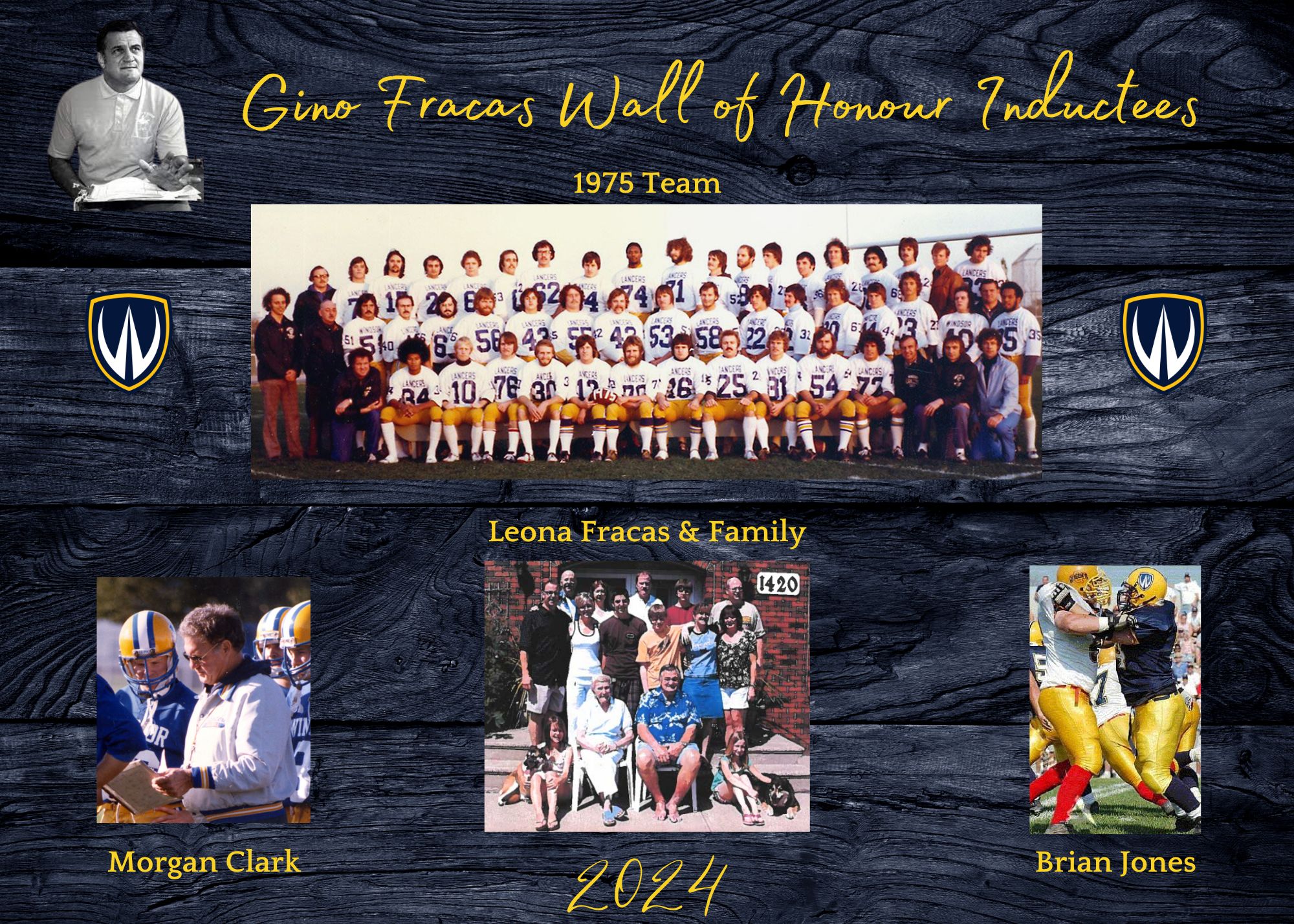 Football players, a football team photo and the University of Windsor Lancers shield