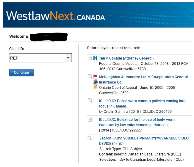 WestlawNext Canada client select screenshot