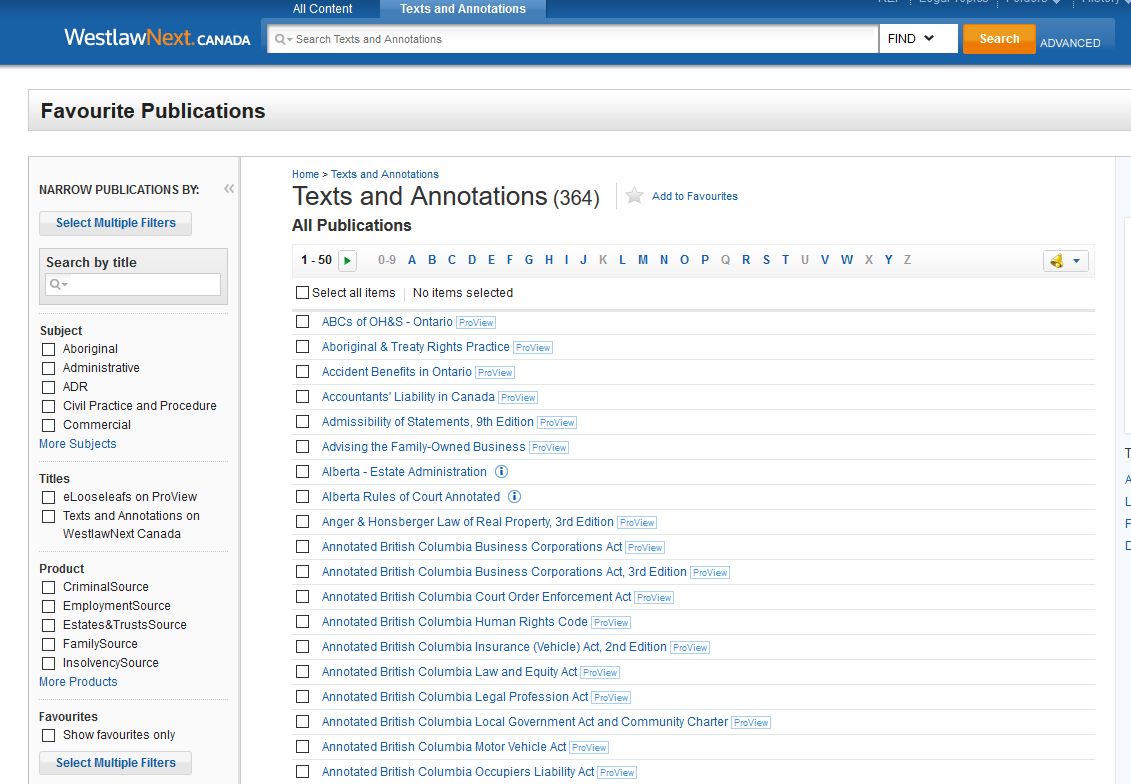 WestlawNext Canada Texts and Annotations screenshot