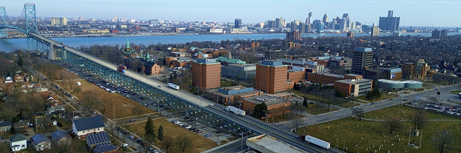 campus and detroit skyline