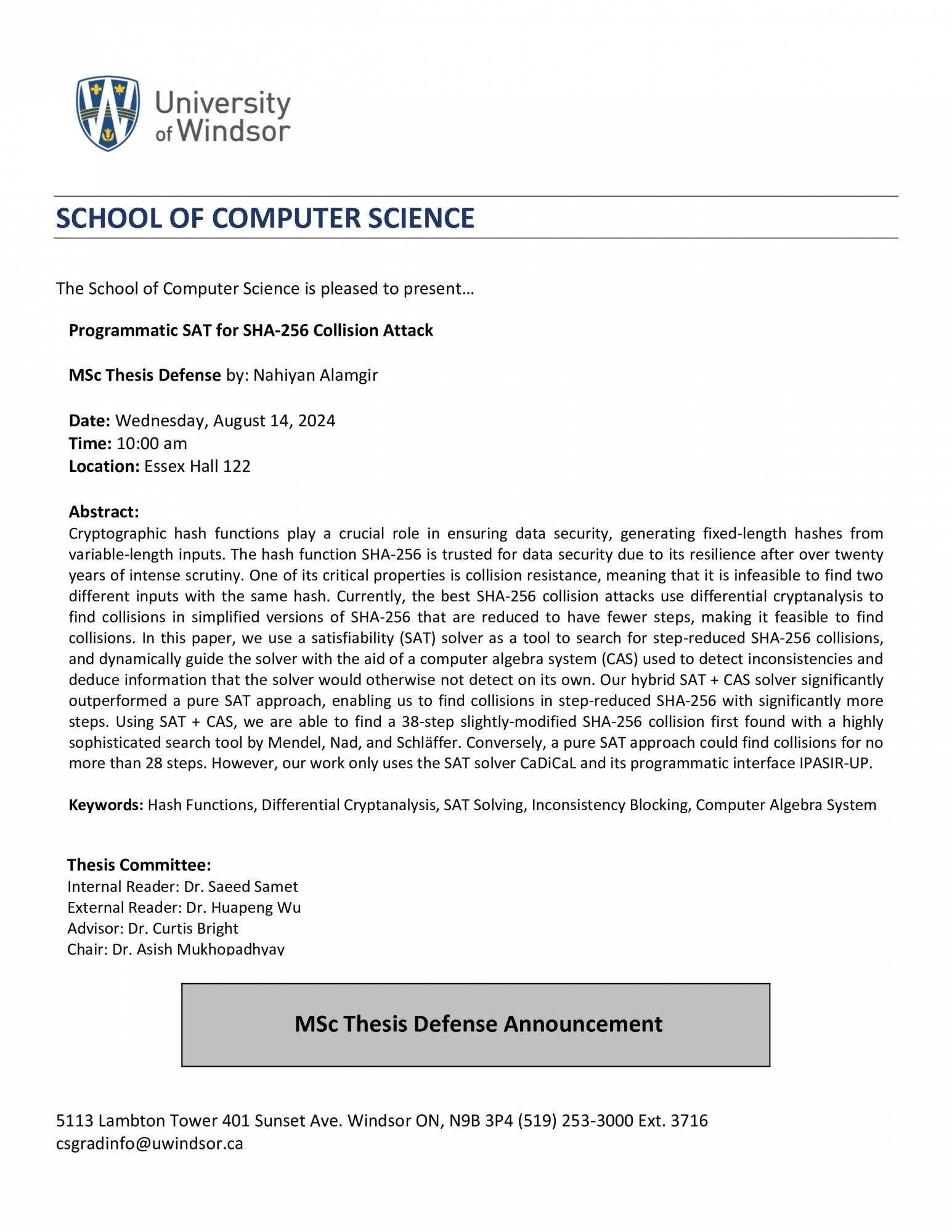 MSc Thesis Defense - Programmatic SAT for SHA-256 Collision Attack, by: Nahiyan Alamgirv